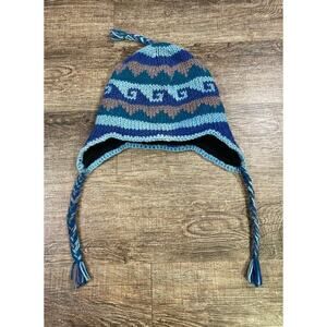 Andes Handicrafts Blue Trapper Hat Unisex Ecuador Fleece Lined 100% Wool